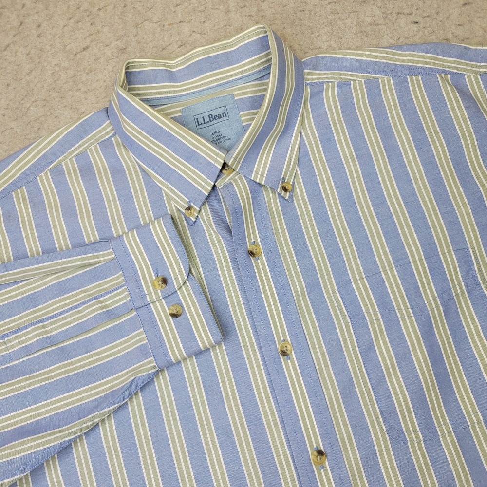 LL Bean Shirt Long Sleeve Mens L Regular Stripe Blue Green O FWA4 100% Cotton